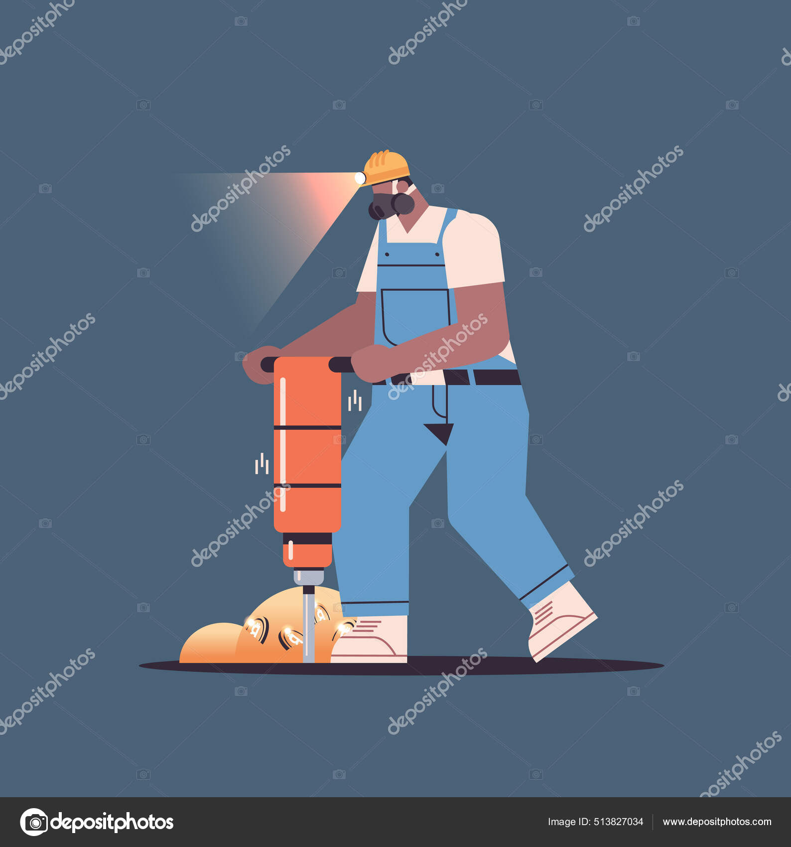 鉱山の洞窟でビットコインを採掘して抽出する男鉱夫暗号コインデジタル暗号通貨ブロックチェーン ストックベクター ©mast3r 513827034