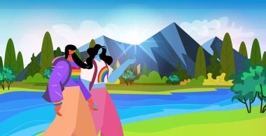 Sırt çantalarıyla seyahat eden lezbiyen aile yürüyüşçüleri transseksüel aşk LGBT topluluk konsepti