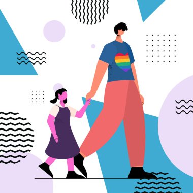 Eşcinsel baba küçük kızıyla yürüyor. Babalık transseksüel aşk LGBT toplum konsepti.