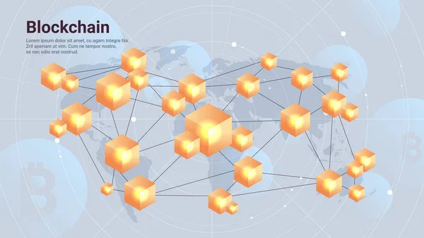 暗号通貨ブロックチェーン技術世界地図上の仮想通貨水平コピースペース — ストックベクタ
