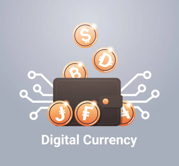 Virtuální peněženka se zlatými mincemi kryptoměna blockchain technologie digitální měna koncept — Stockový vektor