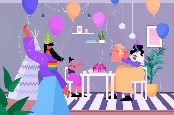 Лесбіянки жінки батьки святкують день народження вечірку з маленькою дочкою lgbt гордість парад трансгендерної любові концепція — стоковий вектор