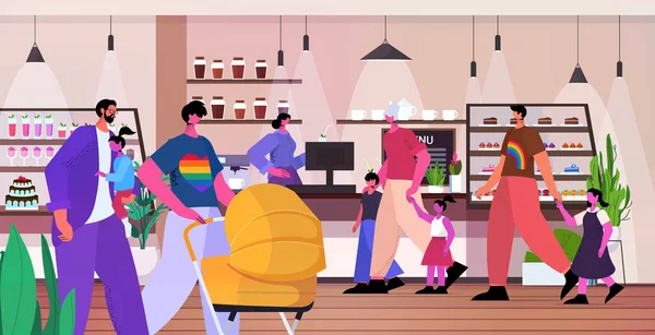 Homosexuella lesbiska familjer tillbringar tid på kafé transperson kärlek hbt community koncept horisontellt — Stock vektor