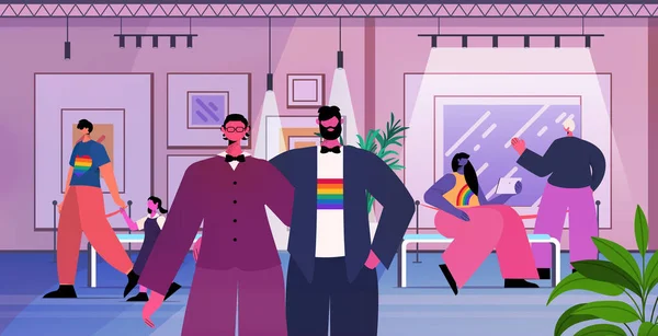Гомосексуальные пары, выглядящие творчески современные картины, произведения искусства или выставки в галерее современного искусства трансгендерная любовь ЛГБТ — стоковый вектор
