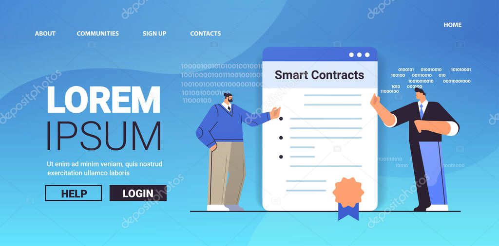 businesspeople signing smart contracts financial business technologies process of digital secure transaction blockchain