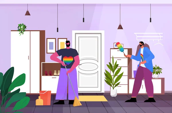 Gays limpeza casa dois homens limpeza transexual amor comunidade LGBT conceito sala de estar interior — Vetor de Stock