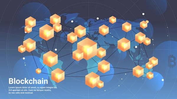 暗号通貨ブロックチェーン技術世界地図上の仮想通貨水平コピースペース — ストックベクタ