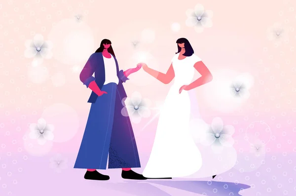 Couple lesbien nouvellement marié debout ensemble transgenre amour LGBT communauté mariage célébration concept — Image vectorielle