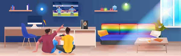 Двое мужчин, играющих в видеоигры lgbt радужный флаг гей лесбиянка парад любви парад гордость фестиваль трансгендерной любви концепция — стоковый вектор