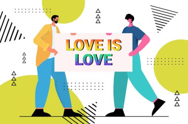 Eşcinseller gökkuşağı sevgisi ile pankart tutuyorlar. LGBT geçit töreni gurur festivali transseksüel aşk konsepti.