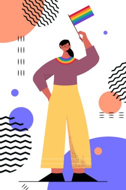 Lezbiyen gökkuşağı bayrağı taşıyan kadın LGBT geçit töreni gurur festivali transseksüel aşk kavramı dikey