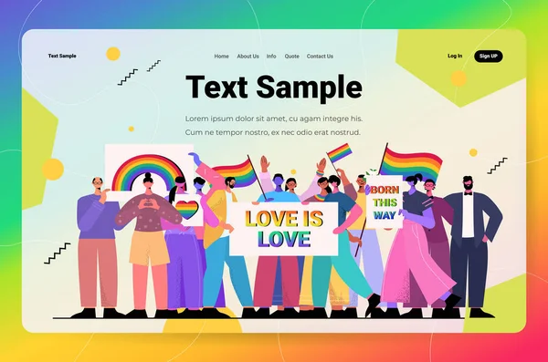 Αναμίξτε φυλή άνθρωποι που κατέχουν Igbt σημαίες ουράνιο τόξο και πλακάτ γκέι λεσβιακή αγάπη παρέλαση Φεστιβάλ υπερηφάνειας διαφυλικών αγάπη — Διανυσματικό Αρχείο