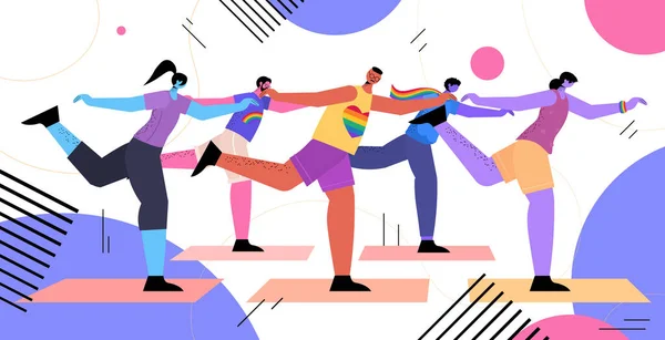 Mensen doen stretching oefeningen LGBT parade trots festival transgender liefde concept volledige lengte horizontale vector illustratie — Stockvector