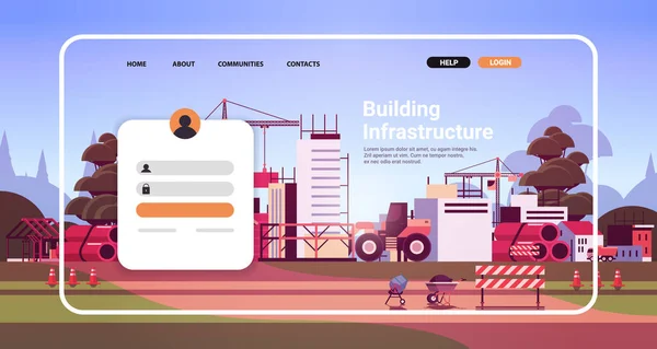 Online building infrastructure website landing page template with construction site — Stock Vector