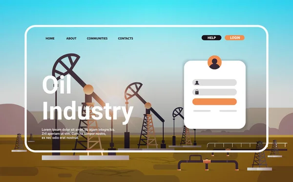 Oil industry website landing page template pumpjack barrels petroleum production concept — Stock Vector