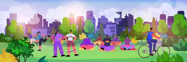 Personas haciendo ejercicios físicos en parque urbano desfile LGBT orgullo festival transgénero amor concepto — Vector de stock