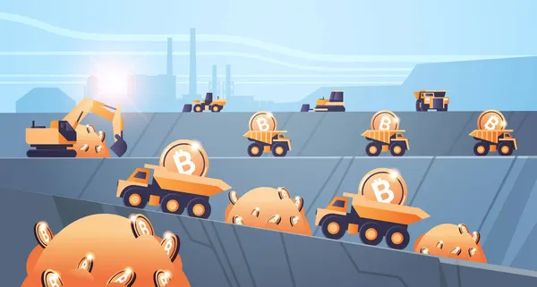 Camions lourds transport minier avec Bitcoins pièce d'or production d'argent numérique blockchain crypto-monnaie — Image vectorielle