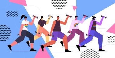 İnsanlar esneme egzersizleri yapıyor LGBT geçit töreni gurur festivali transseksüel aşk konsepti