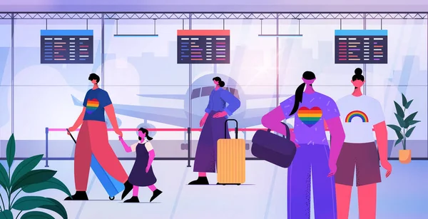 공항 카운터 앞에 줄을 서서 기다리고 있는 승객들의 사랑을 알리는 lgbt 무지개 transgender love 컨셉트에서 확인 — 스톡 벡터