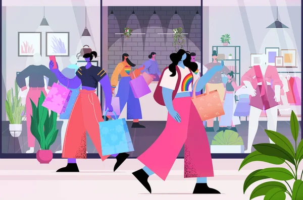 Lesbiennes acheter des vêtements dans la boutique de mode transgenre amour LGBT communauté concept centre commercial intérieur — Image vectorielle