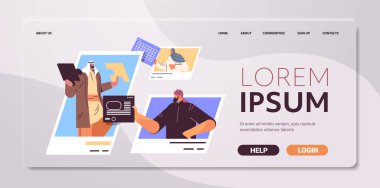 İnternet tarayıcı pencerelerindeki Arap iş adamları sanal konferans takım çalışması kavramını tartışıyor