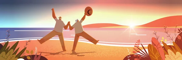 Seniorpaar tanzt alten Mann und Frau, die Spaß an aktivem Alter Konzept Seenlandschaft Sonnenuntergang Hintergrund — Stockvektor