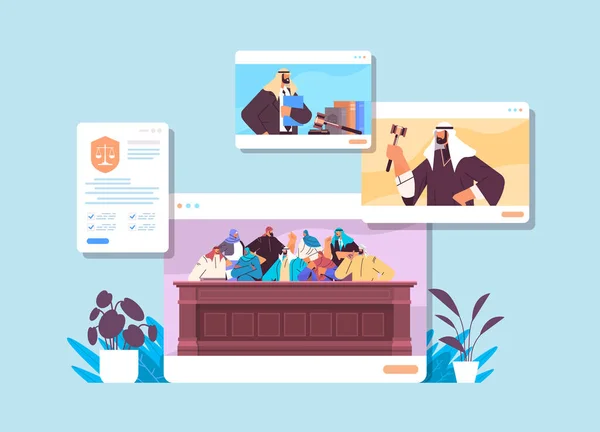 Processo de lei com juiz júri suspeito e advogado ou advogado no navegador web janelas julgamento on-line sessão conceito —  Vetores de Stock