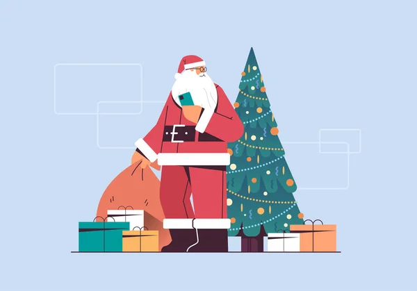 Weihnachtsmann mit Geschenkbox Sack frohes neues Jahr frohe Weihnachten Feiertagsfeier Konzept — Stockvektor