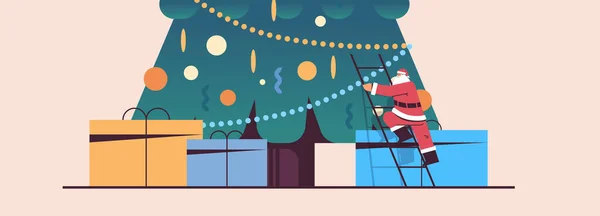 Weihnachtsmann Klettern Geschenkbox unter Tanne Frohes neues Jahr frohe Weihnachten Feiertagsfeier Konzept — Stockvektor