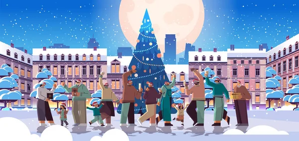 Människor i Santa hattar att ha kul och dricka champagne nära dekorerad julgran nyår vinter semester firande — Stock vektor