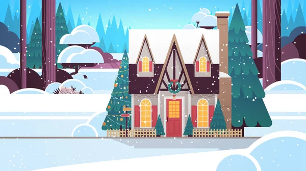 Сніговий покритий прикрашений будинок зимовий сезон домашня будівля з прикрасами на Новий рік і Різдво святкування — стоковий вектор