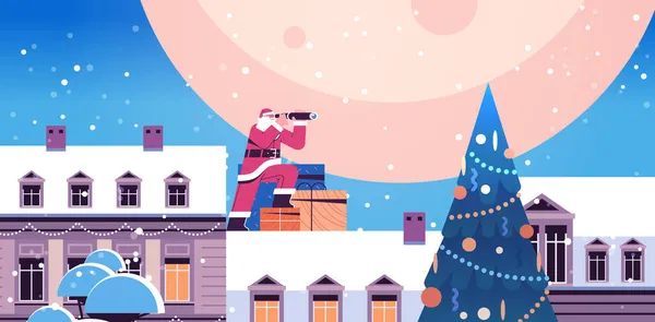 Santa Claus sedí na střeše a dívá se dalekohledem veselé Vánoce šťastný Nový rok zimní svátky — Stockový vektor