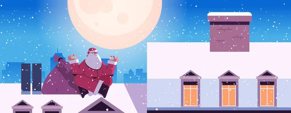 サンタ座って蓮のポーズの家の屋根の上にメリークリスマスお正月お祝い — ストックベクタ