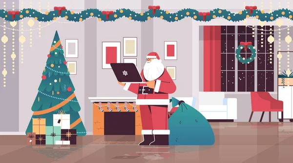 Santa claus en utilisant un ordinateur portable réseau de médias sociaux joyeux Noël bonne année vacances d'hiver célébration — Image vectorielle