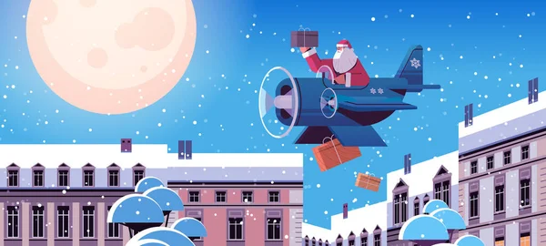 Санта-Клаус летающий самолет с подарками С Рождеством Христовым С Новым годом — стоковый вектор