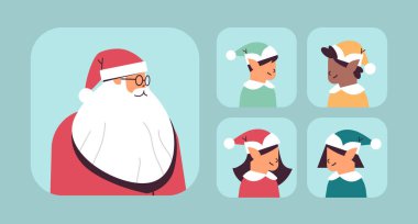 Noel Baba 'yı karışık ırk elfleri ile ayarla. Yeni yılın kutlu olsun. Noel kutlaması kavramı.