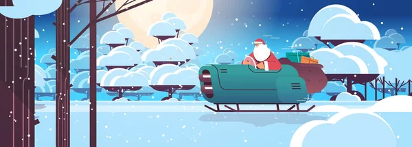 Weihnachtsmann Schlittenfahren mit Geschenken Frohe Weihnachten Frohes Neues Jahr Winterurlaub Feier Konzept — Stockvektor