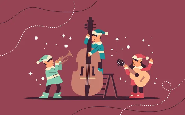 Üniformalı elfler ve müzik aletleri. Gitar çalan Noel Baba yardımcı takımı ve trompet çalan yeni yıl kutlamaları. — Stok Vektör