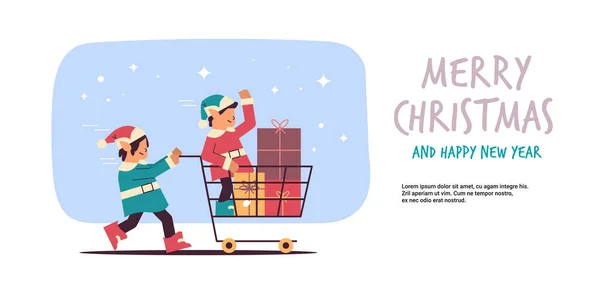 Elfové připravují na Nový rok a Vánoce svátky oslavy Santa pomocníci tlačí vozík s dárky — Stockový vektor