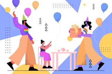 Lezbiyen kadın ebeveynler doğum günü partisini küçük kızı Igbt ile kutluyorlar. Onur yürüyüşü transseksüel aşk konsepti.