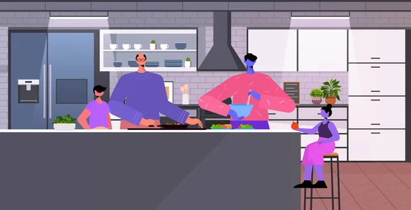 Gay familie weinig kinderen voorbereiding voedsel transgender liefde LGBT gemeenschap concept keuken interieur horizontaal volledige lengte vector illustratie — Stockvector