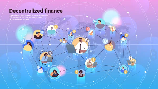 DeFi décentralisé système financier crypto-monnaie et blockchain technologie concept horizontal — Image vectorielle