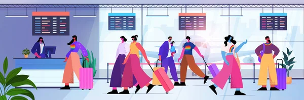 Passeggeri in fila al bancone dell'aeroporto per il check-in lgbt arcobaleno transgender concetto di amore — Vettoriale Stock