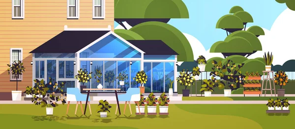 Kerti ültetés üvegház üveg narancs botanikus kert virágokkal és cserepes növények — Stock Vector