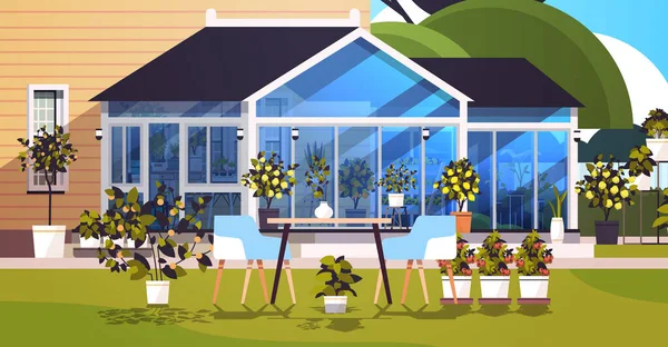 裏庭の植え付け温室ガラスオレンジ植物園花や鉢植え — ストックベクタ