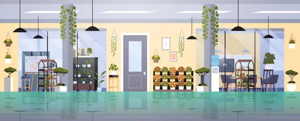Centre de coworking avec des plantes en pot et des fleurs sur les étagères jardinage concept bureau intérieur horizontal — Image vectorielle