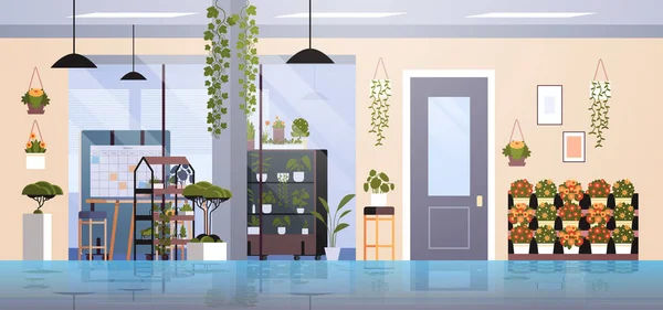 Centro de coworking con plantas en maceta y flores en estantes concepto de jardinería oficina interior horizontal — Archivo Imágenes Vectoriales