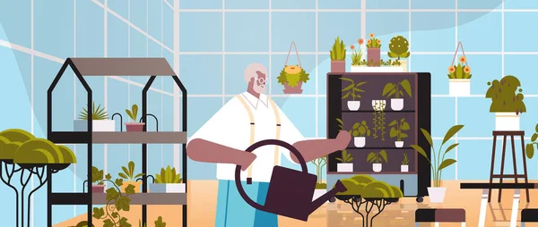 Старший мужчина садовник с поливом может заботиться о горшках растений в гостиной сада или в офисе интерьера — стоковый вектор
