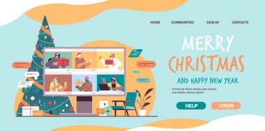 Yarış insanlarını web tarayıcı pencerelerinde karıştırıp bilgisayar ekranında video çağrısı sırasında yeni yıl tatillerini kutluyorlar.