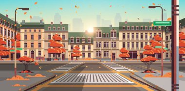 Sonbahar şehir caddesi modern evler dış şehir binaları yatay vektör illüstrasyonları